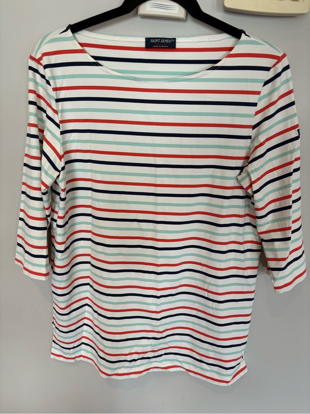Saint James Striped Long Sleeve Top in White, Navy & Coral